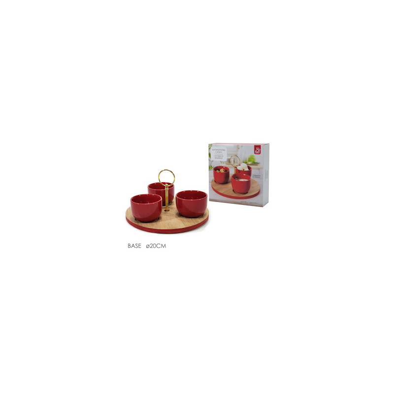 7003048 - CENTROTAVOLA ANTIPASTIERA 3 CIOTOLINE SU BASE LEGNO CM.D.20 ROSSE 635956 GENERAL