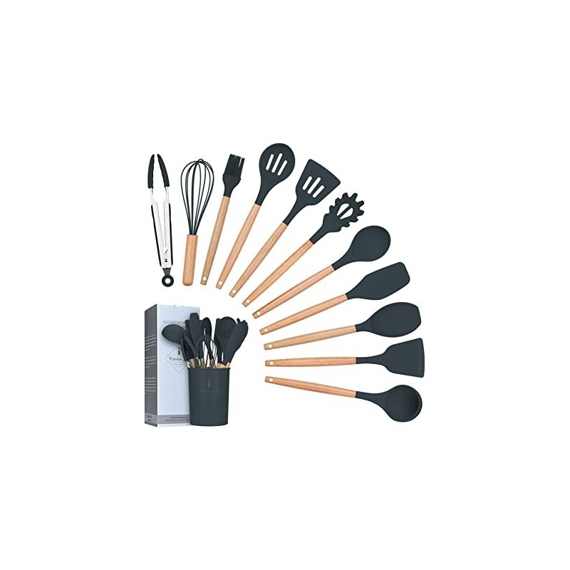 Utensili Cucina Set,12 Pezzi in Silicone Resistente al Calore con Manico Legno Antiaderenti