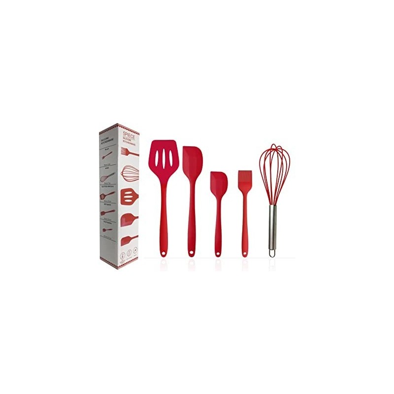 Set di 5 utensili da Cucina in Silicone ,Frusta,Pennello da forno,Raschietto in Silicone Antiaderente,Paletta Scanalata