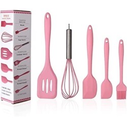 Set di 5 utensili da Cucina in Silicone ,Frusta,Pennello da forno,Raschietto in Silicone Antiaderente,Paletta Scanalata